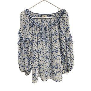 Max Studio London Blouse Size Large Floral 3/4 Sleeve Peasant Blue White Cottage
